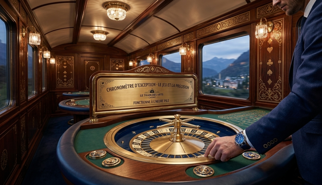 Roulette di lusso con finiture in oro e dettagli vintage all'interno di un treno d'epoca, uomo con orologio di classe che tocca la ruota e panorama montano dal finestrino