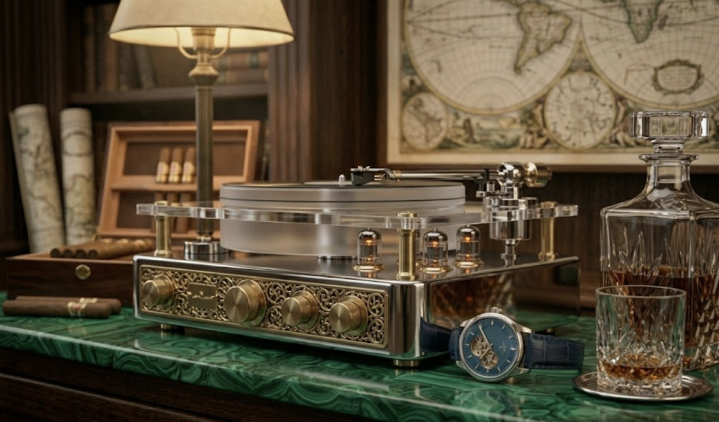 Giradischi in vinile di lusso con dettagli dorati e valvole termoioniche su un tavolo di malachite verde accanto a un orologio da uomo con cinturino blu